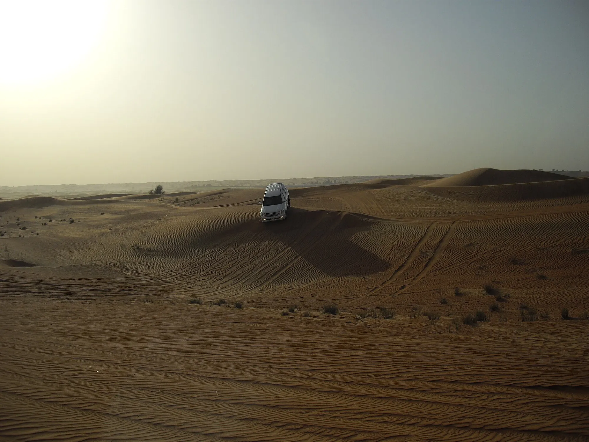 A white 4x4 driving over a dune crest in the Dubai desert in soft, hazy light