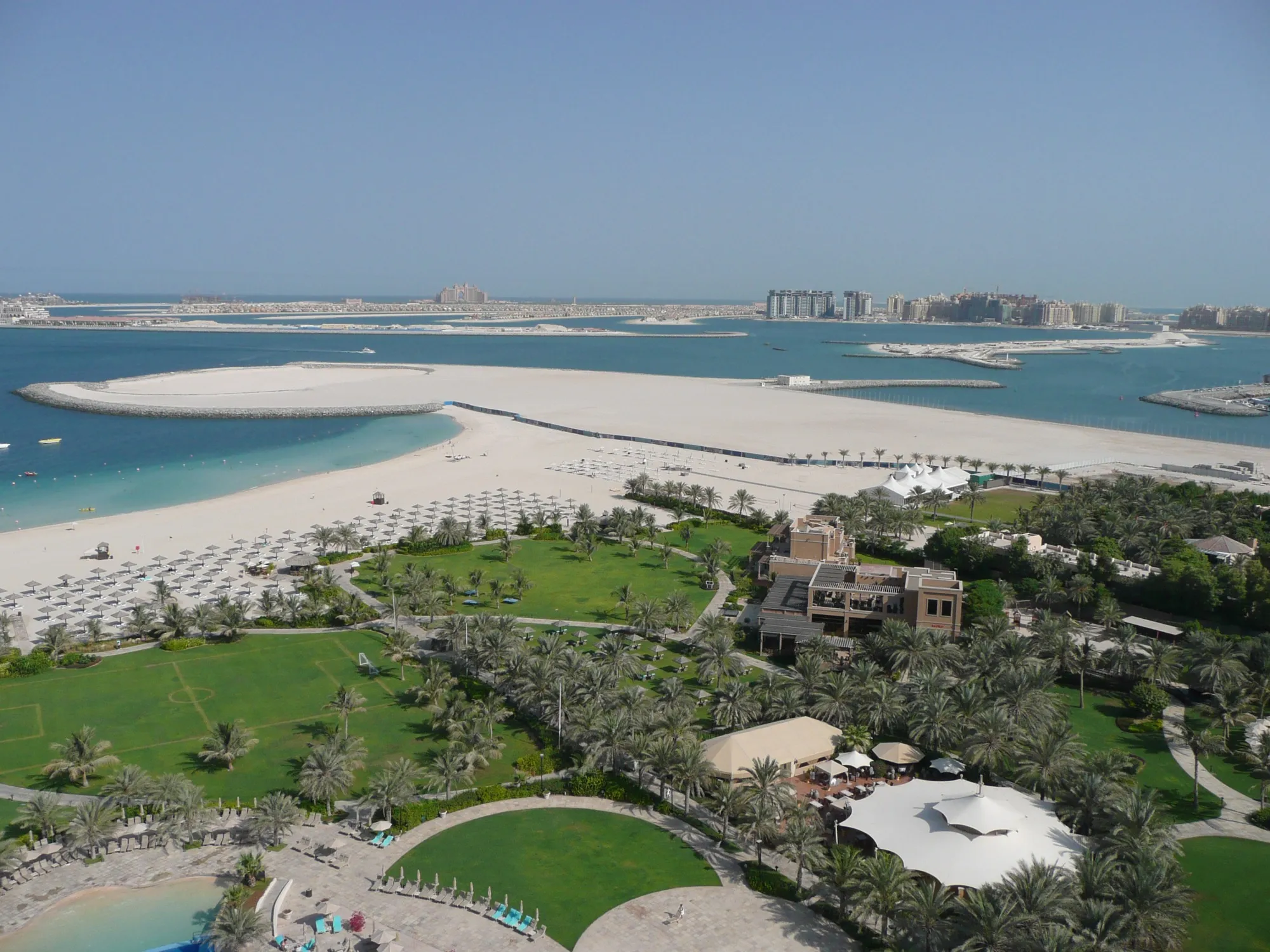 The Palm Jumeirah beach and trunk seen from Le Royal Méridien Beach Resort and Spa