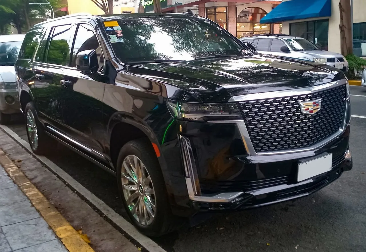 A black Cadillac Escalade ESV seen from the front