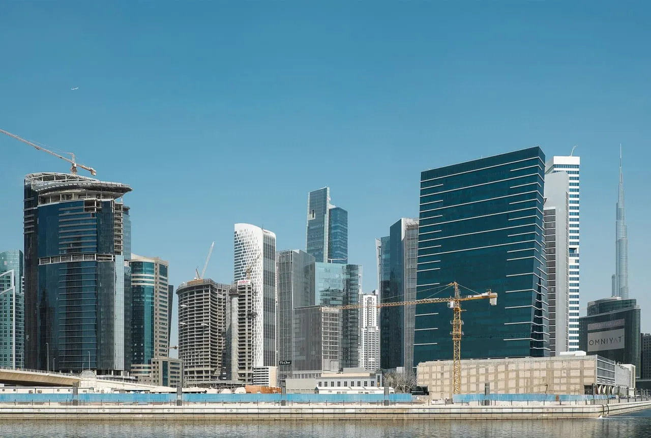 Office towers in Business Bay, with the Burj Khalifa on the right