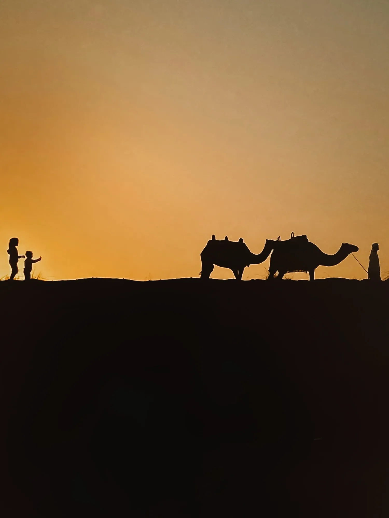 Two camels, their handler and two children in silhouette on a dune ridge at sunrise, at a desert camp near Jebel Ali in Dubai