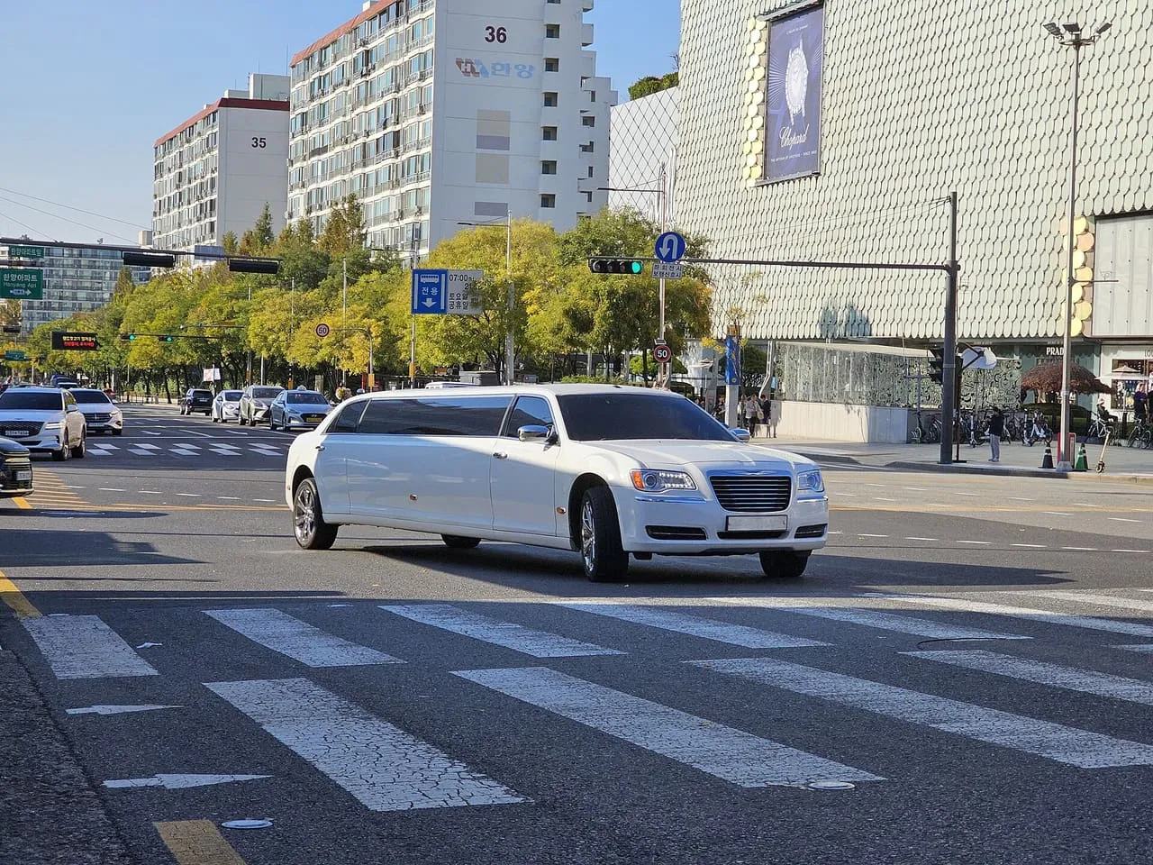 White Chrysler 300 stretch limousine on a city street, a representative image, not the partner's car