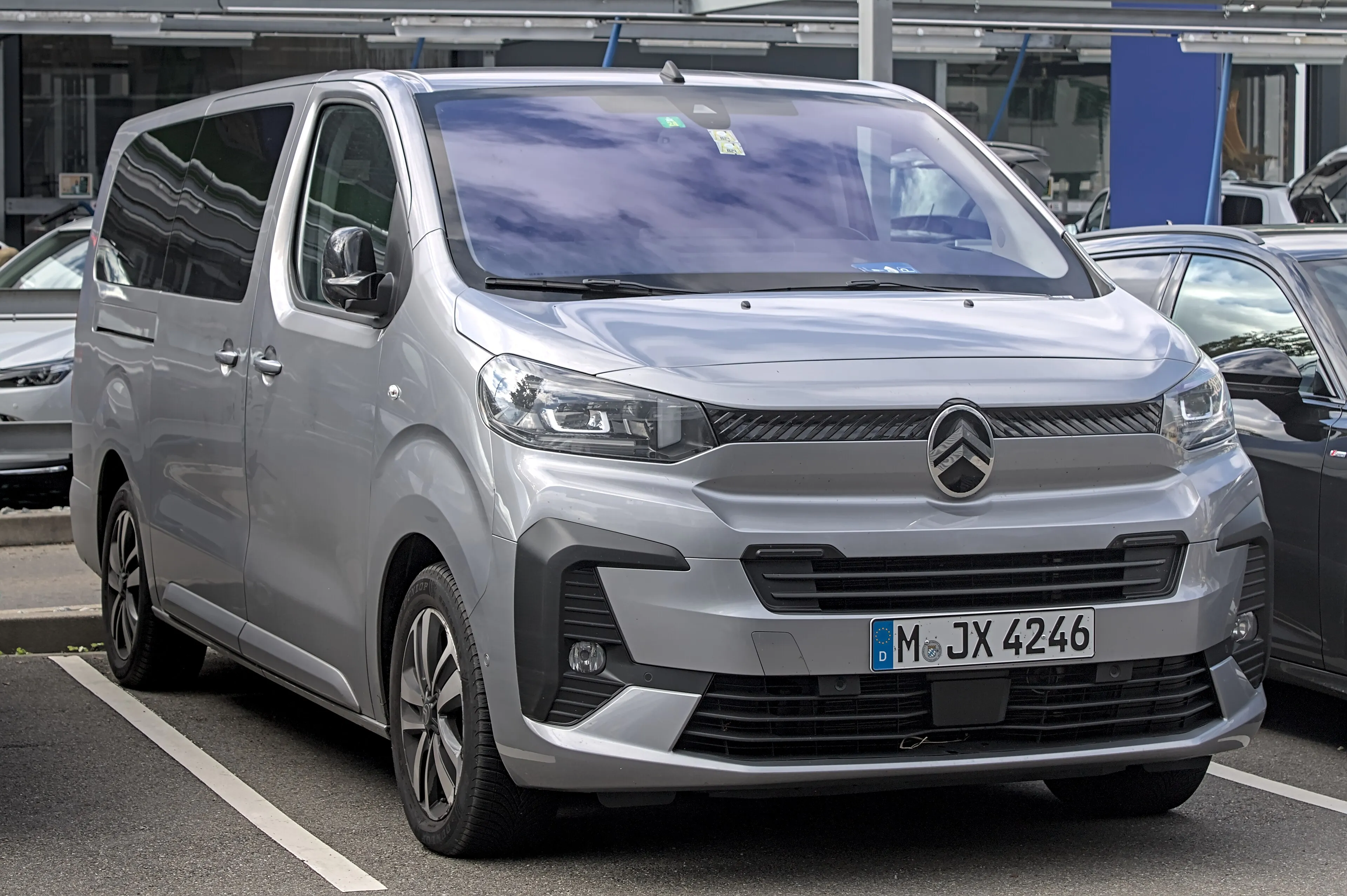 A silver Citroen SpaceTourer van parked in a car park