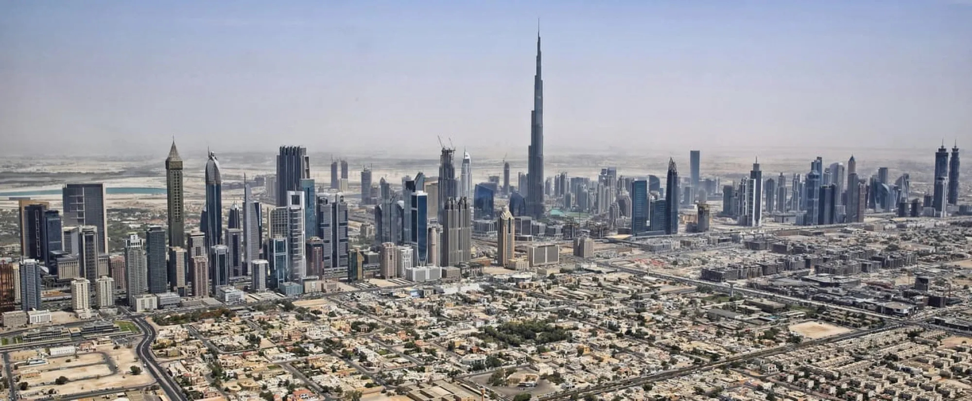 Downtown Dubai and the Burj Khalifa seen from a helicopter