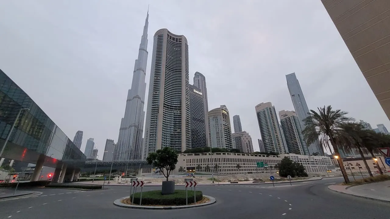 The roundabout near Burj Khalifa/Dubai Mall Metro station, with Burj Khalifa and the Downtown towers behind