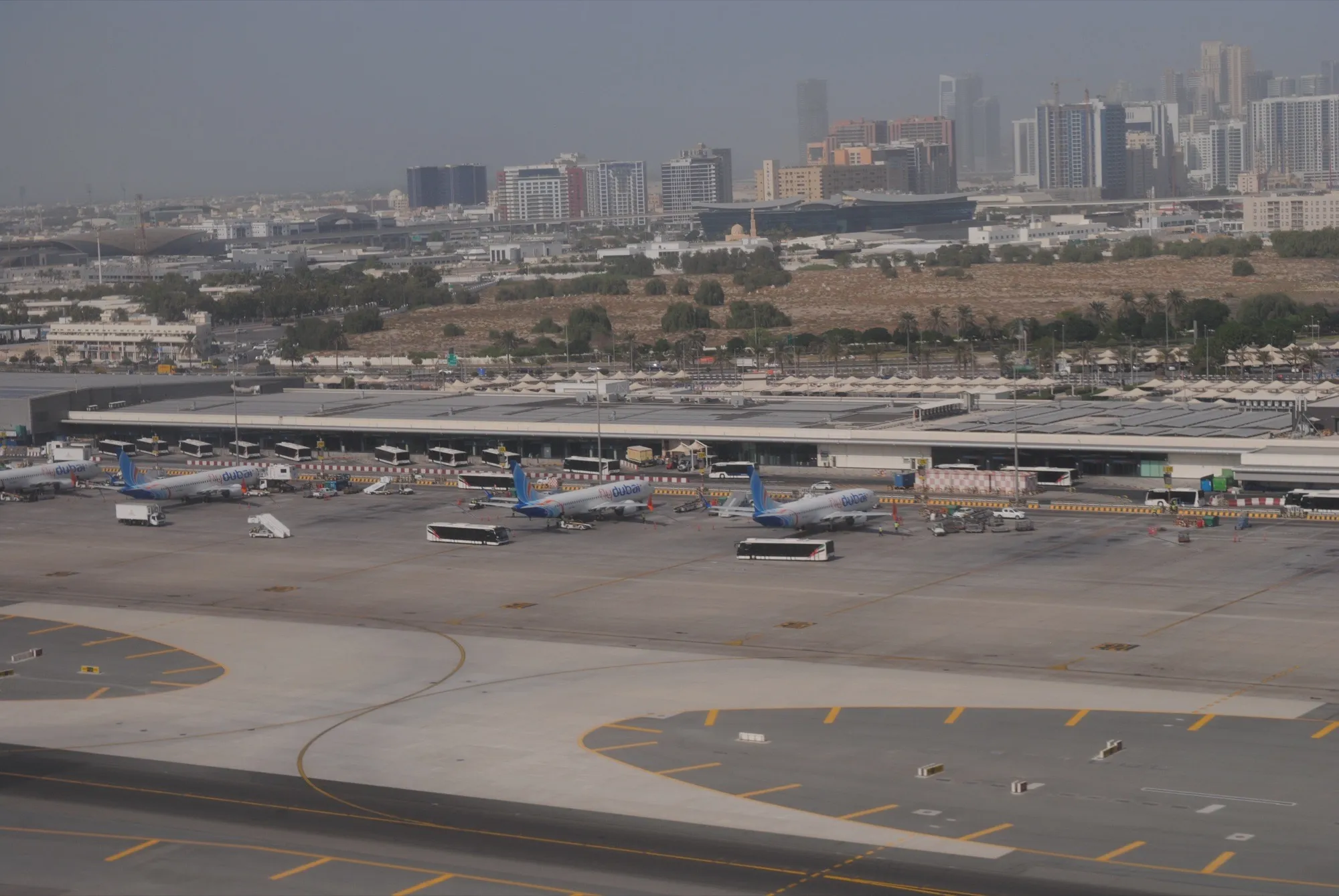 Terminal 2 at Dubai International Airport, with flydubai aircraft parked at its stands