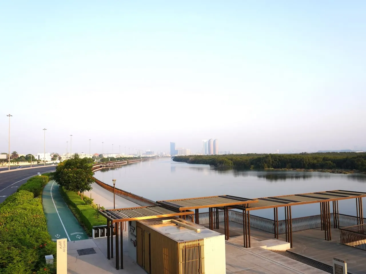 The Eastern Mangroves in Abu Dhabi, seen from the Al Gurm Corniche, with a cycle path beside the water