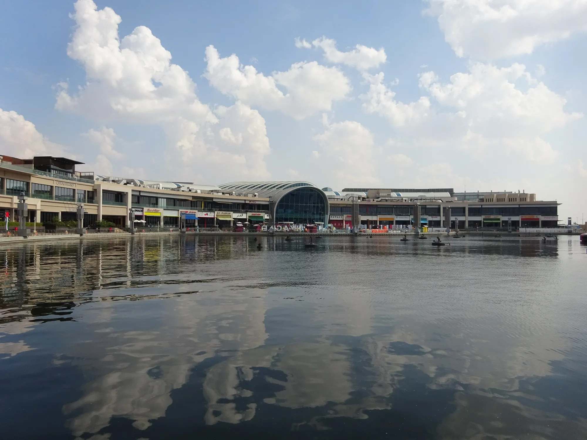 Dubai Festival City Mall seen across the creek-side marina