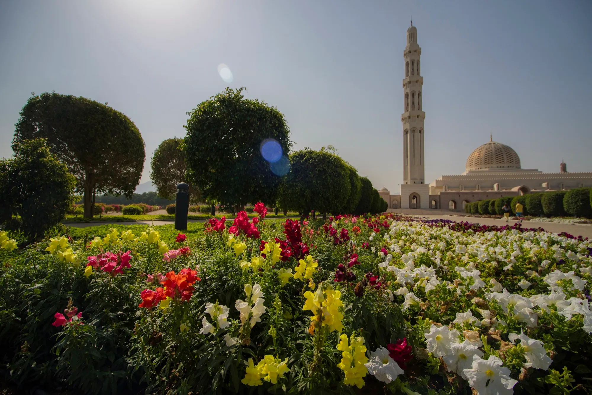 Minaret and golden dome of the Sultan Qaboos Grand Mosque behind flower beds in Muscat