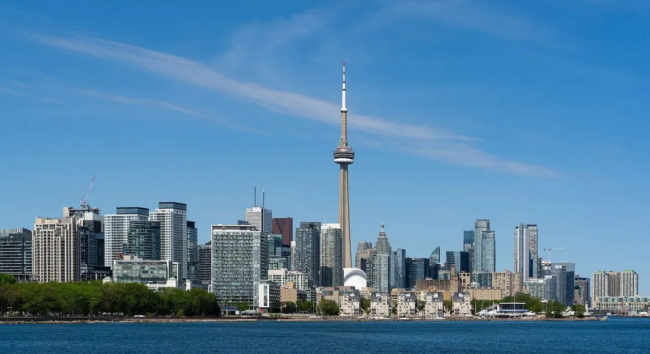 The Toronto skyline and the CN Tower, seen across the harbour from Trillium Park