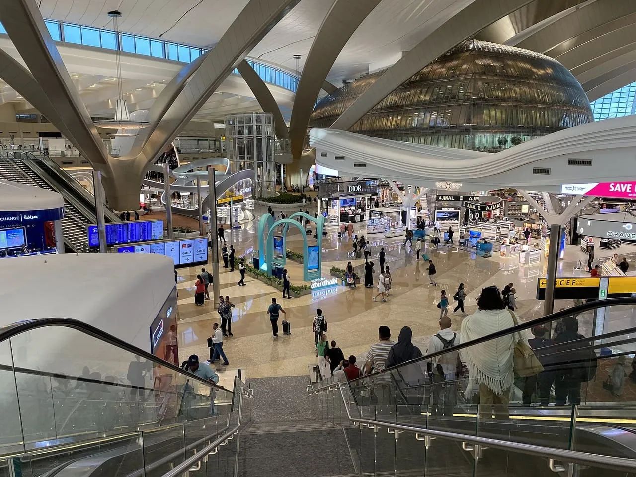 Escalators down into the main hall of Terminal A at Zayed International Airport, Abu Dhabi