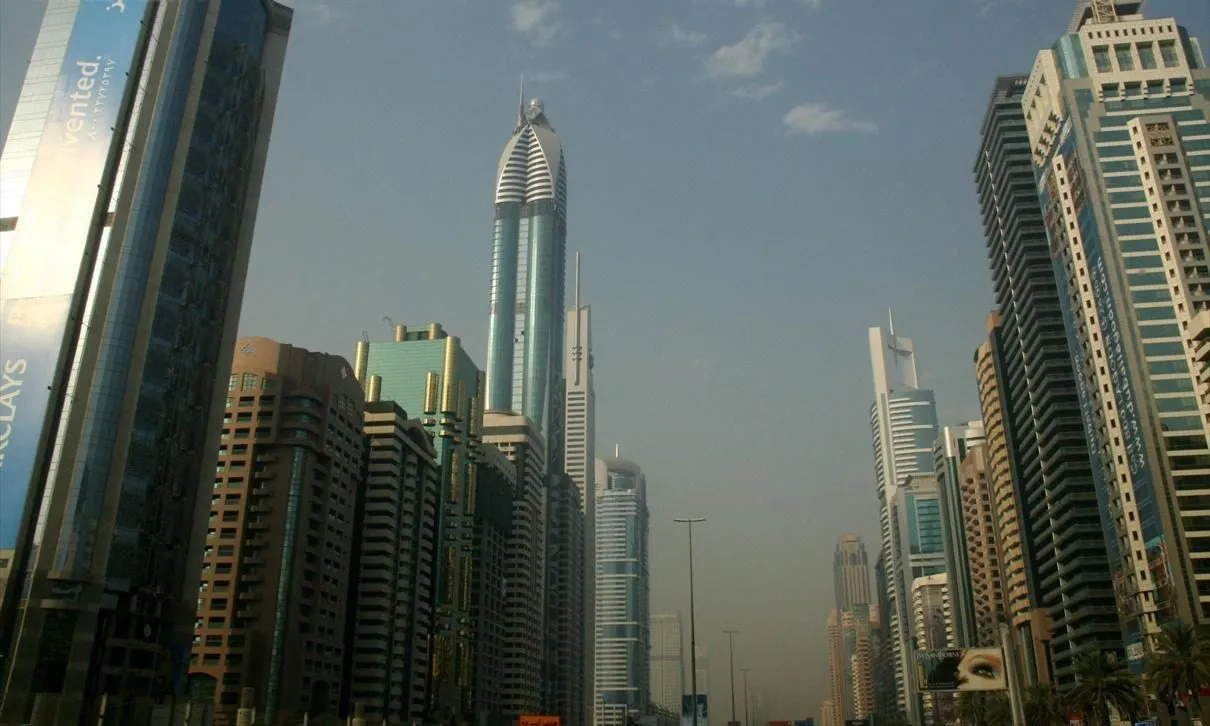Office and hotel towers lining Sheikh Zayed Road in Dubai, seen from street level