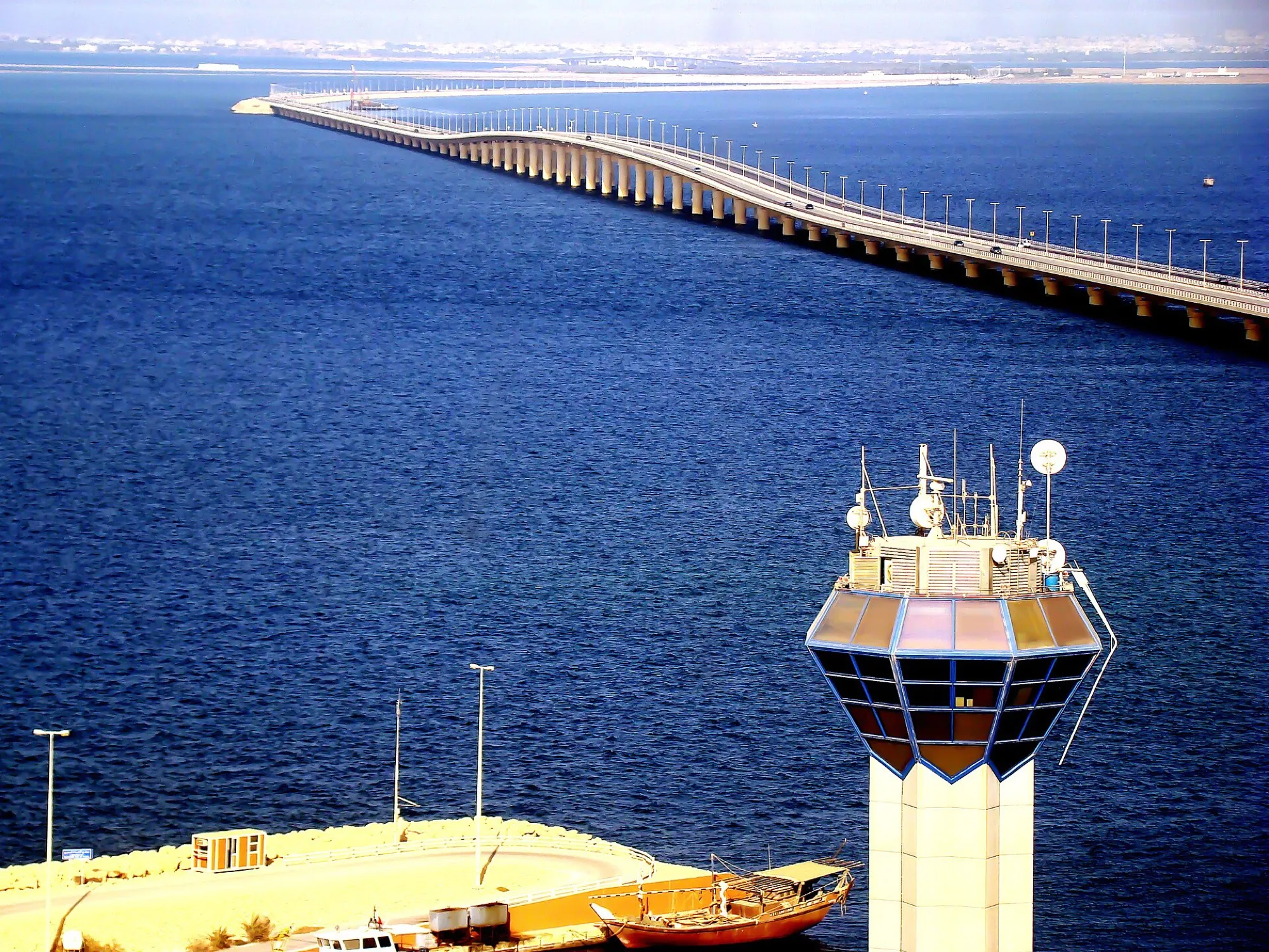 The King Fahd Causeway curving across the Gulf towards Bahrain, seen from a tower on the shore