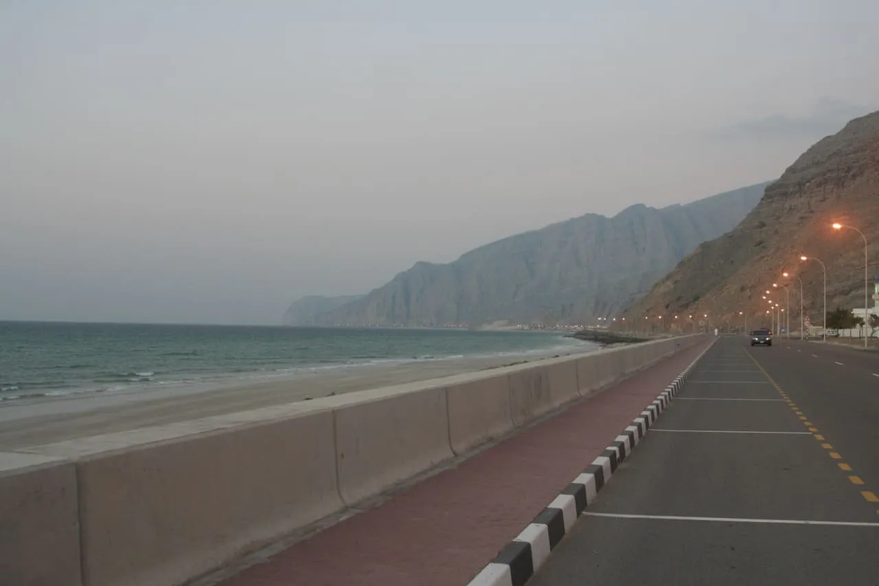 The Corniche road along the sea in Khasab, Musandam, under steep mountains