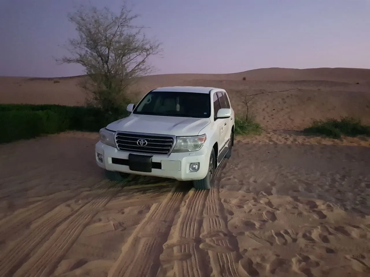 A white Toyota Land Cruiser on a sand track in the Dubai desert at dusk