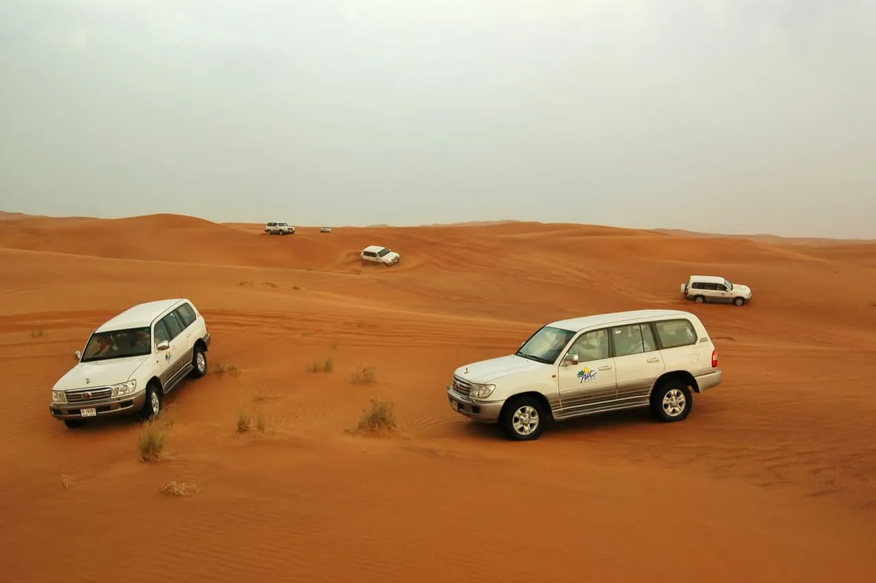 White Toyota Land Cruisers on a dune drive across red sand in the Dubai desert