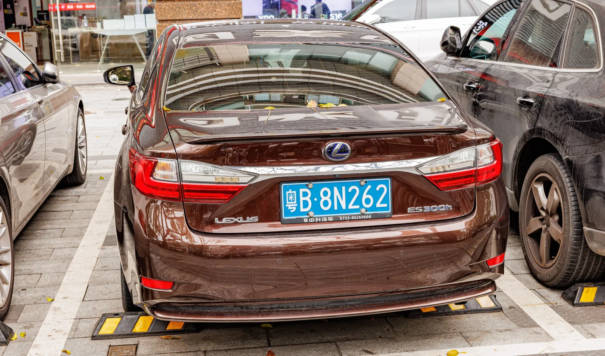 A Lexus ES 300h hybrid saloon seen from behind, with the ES 300h badge on the boot lid
