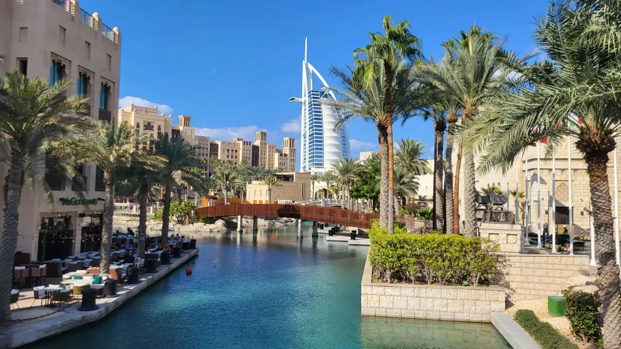 Burj Al Arab seen from the canals of Souk Madinat Jumeirah