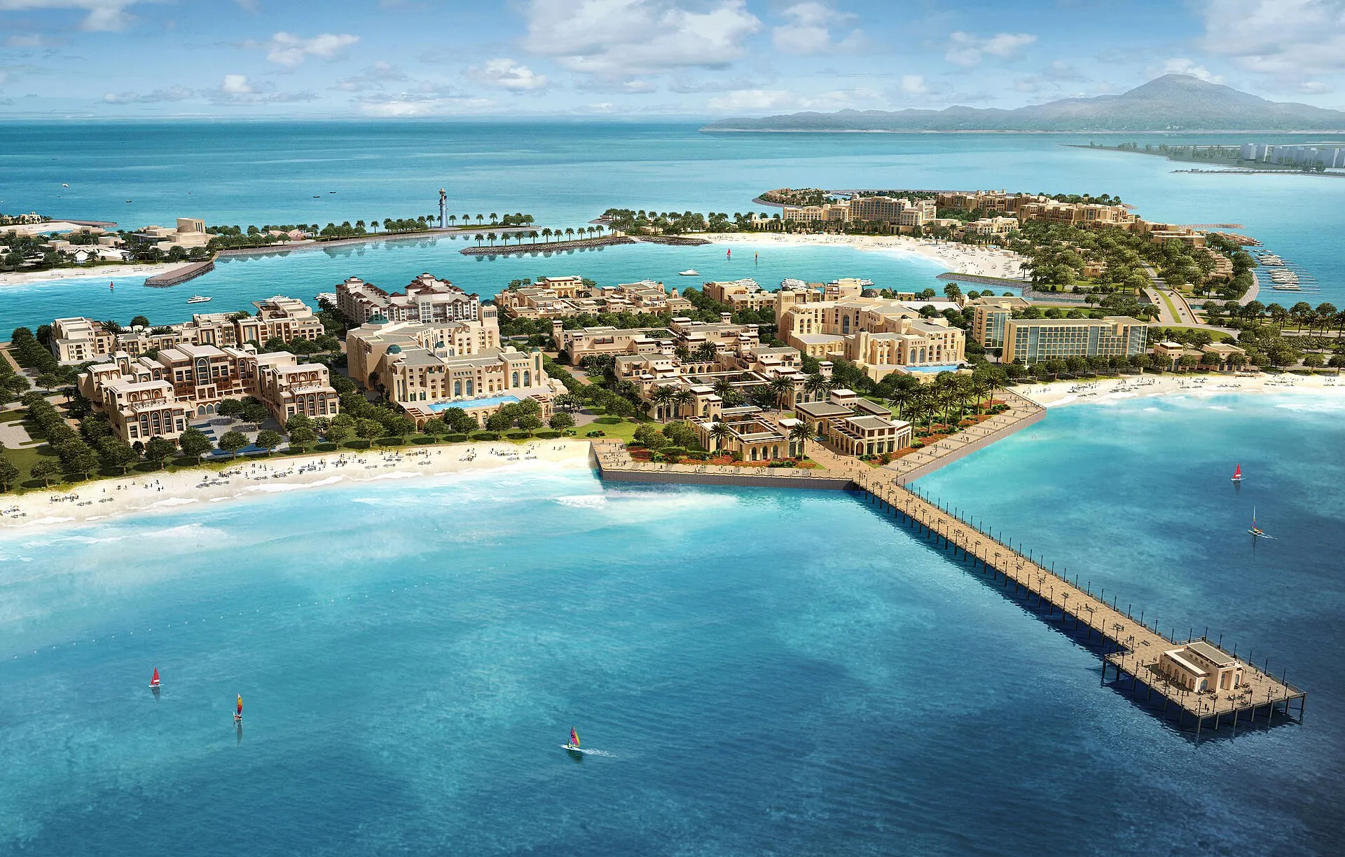 An aerial render of beachfront resort buildings and a pier on Treasure Island, part of Al Marjan Island
