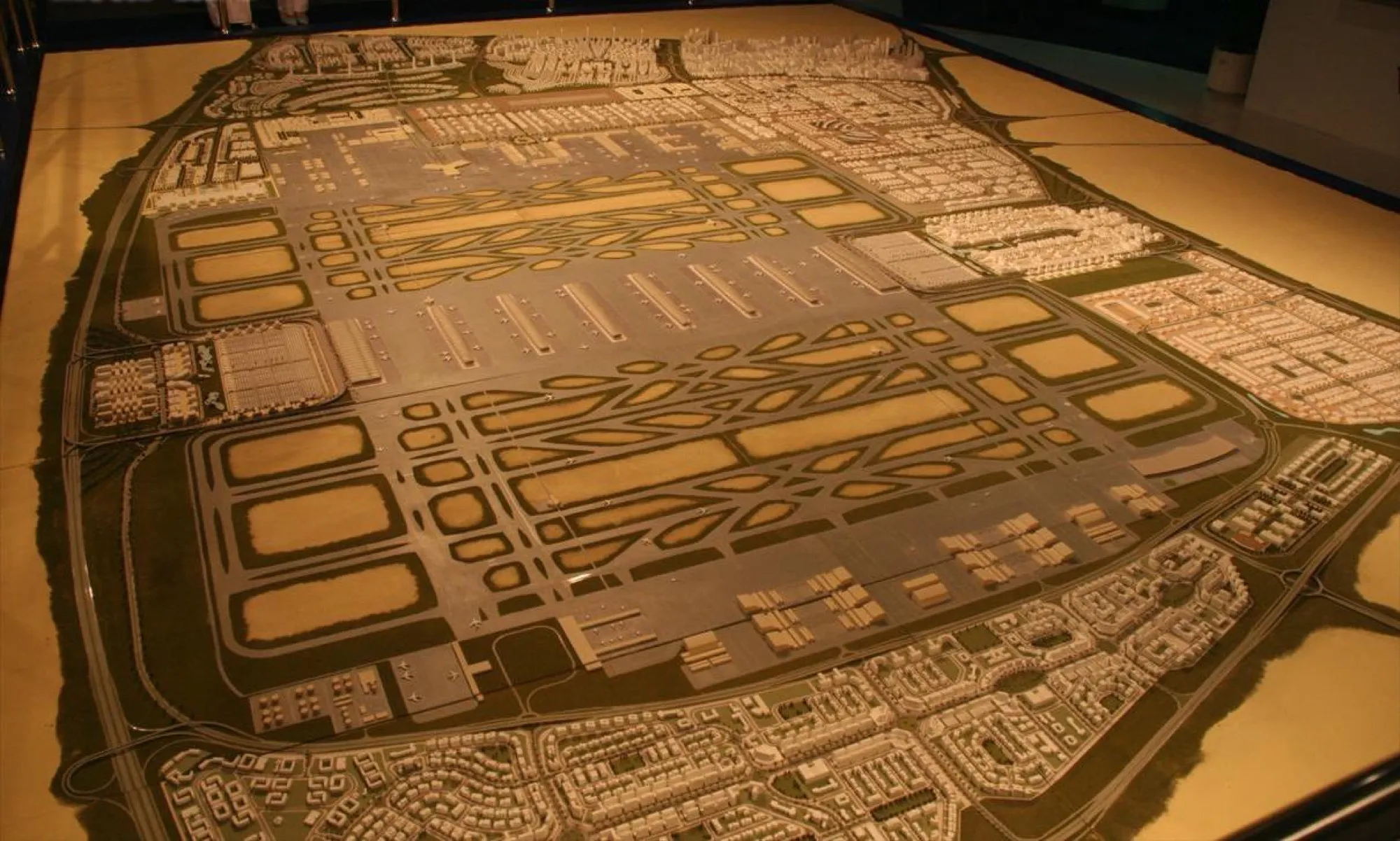 Scale model of the Dubai World Central masterplan in Dubai South, showing the airport runways and the surrounding districts