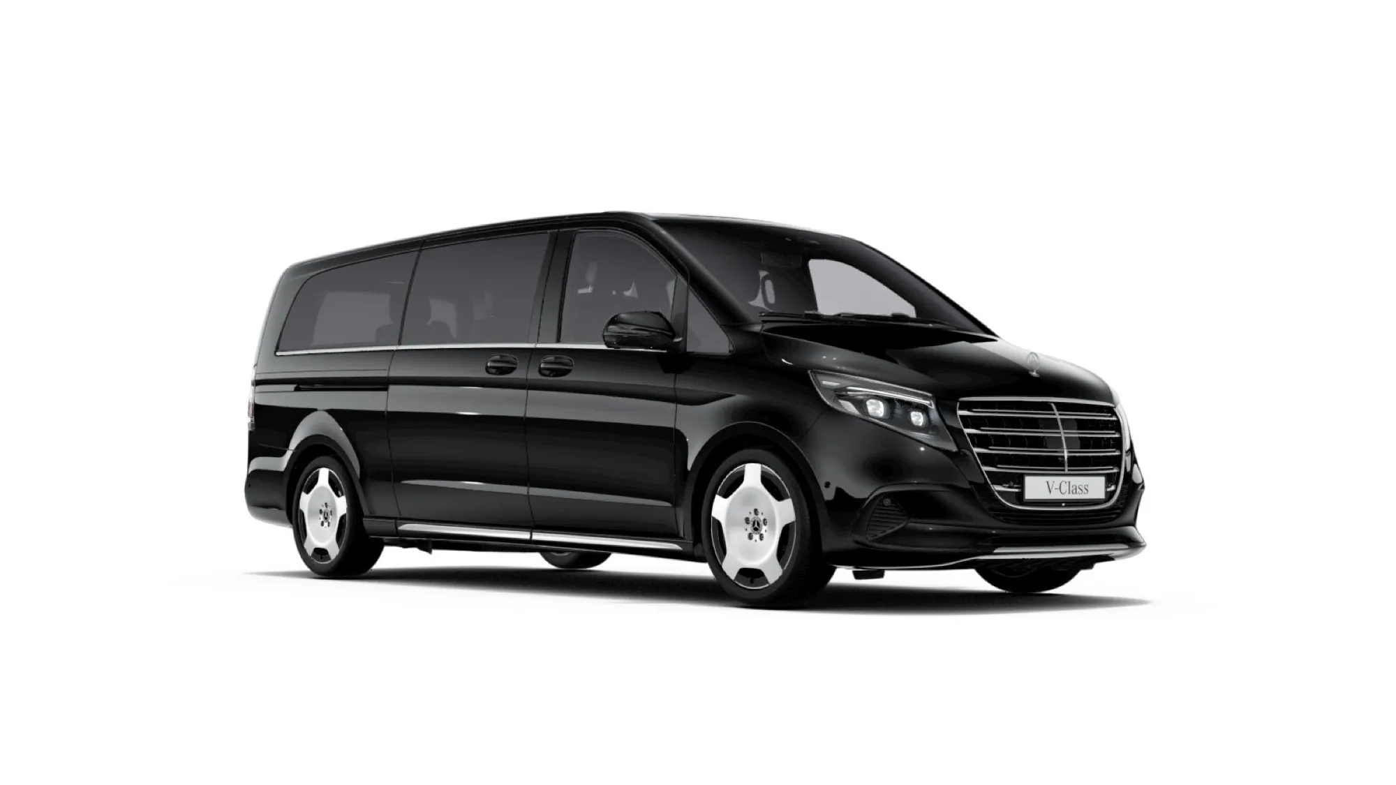 A black long-wheelbase Mercedes-Benz V-Class van on a white background