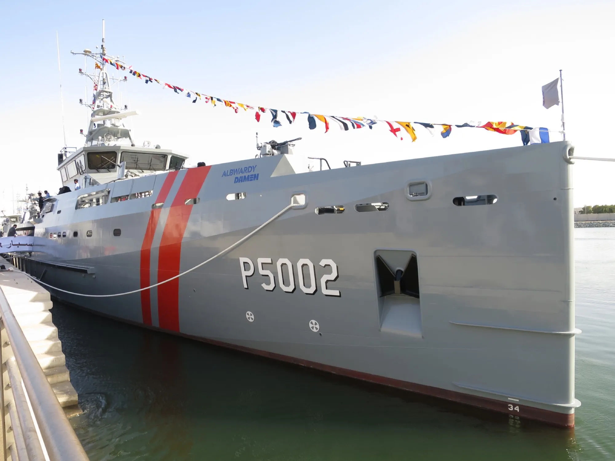 The patrol vessel P5002 Misbar moored at NAVDEX 2023 in Abu Dhabi