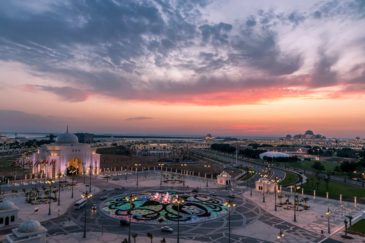 The Qasr Al Watan palace grounds in Abu Dhabi at sunset, seen from above