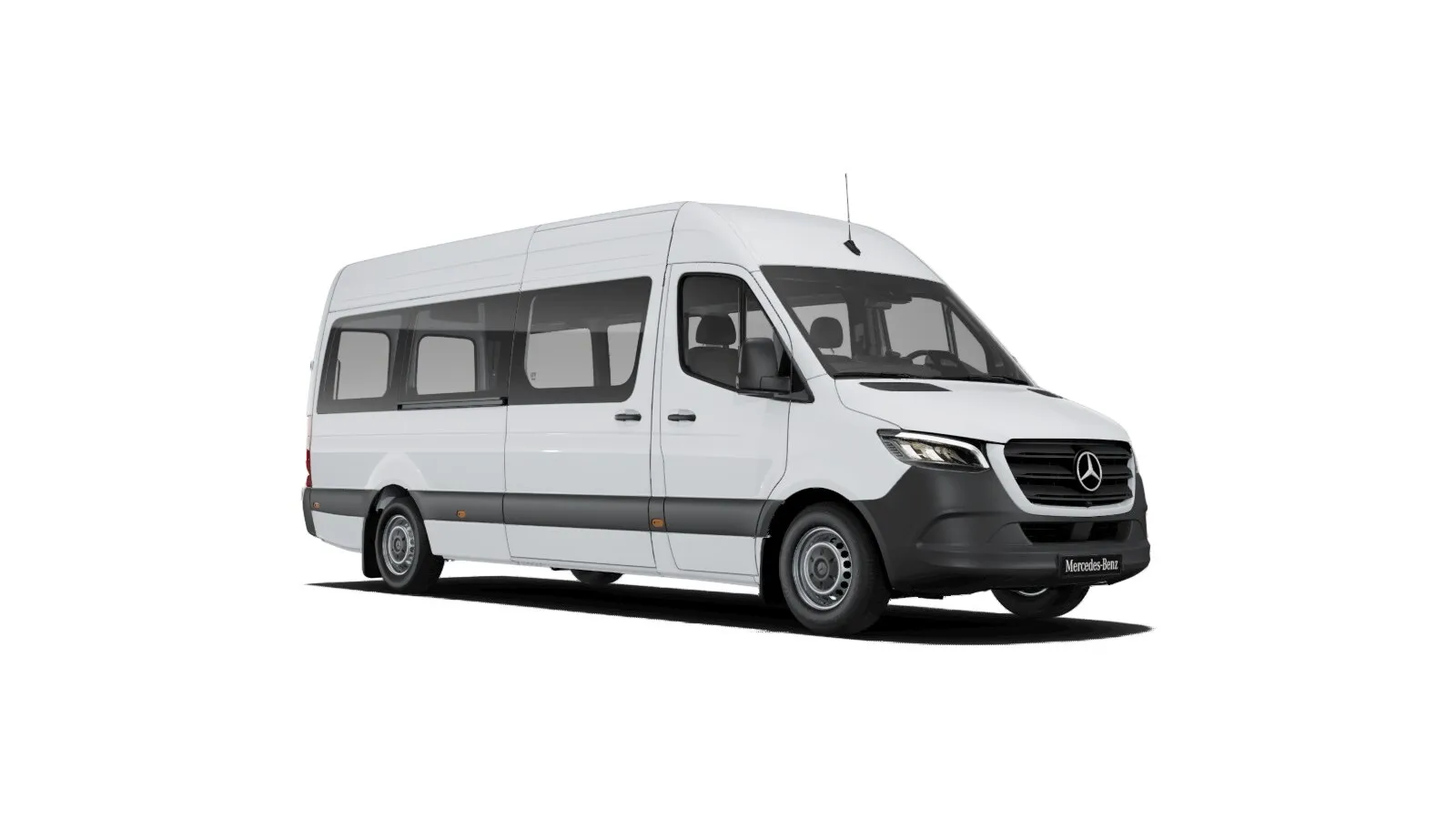 A white Mercedes-Benz Sprinter passenger van with side windows, seen from the front right