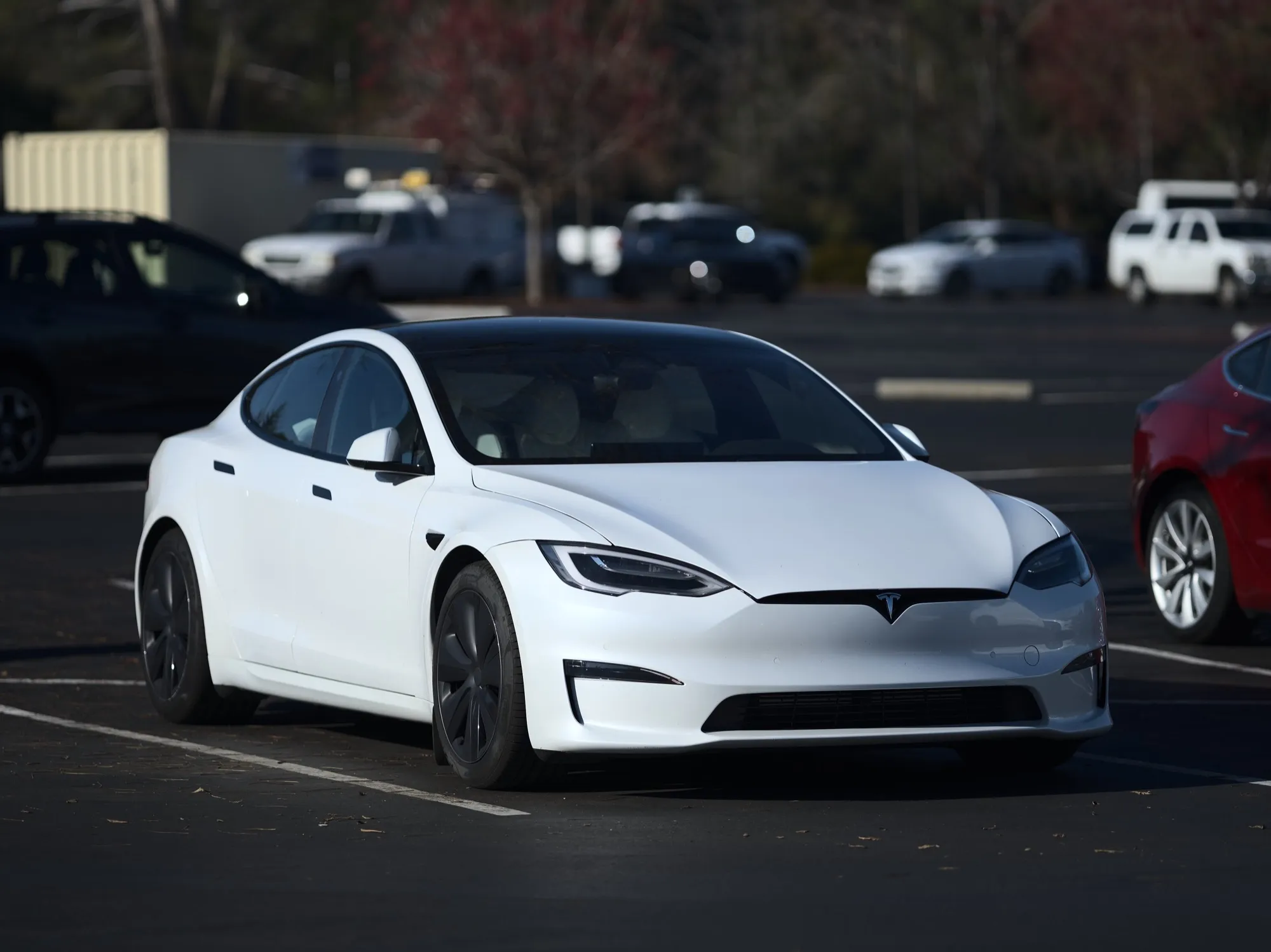 A white Tesla Model S, a fully electric saloon, parked in a car park