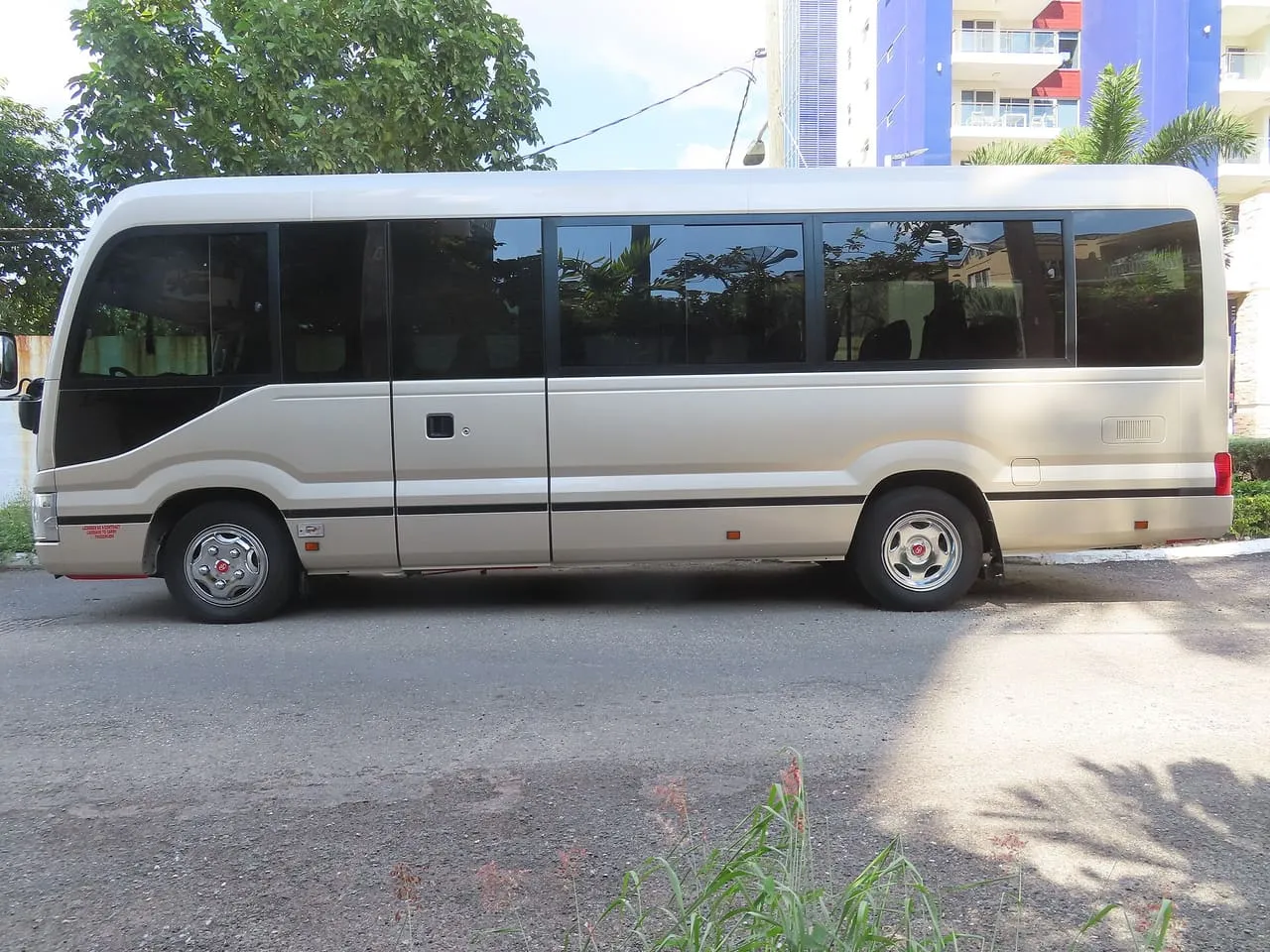 A champagne-coloured Toyota Coaster minibus parked at the roadside, seen side-on