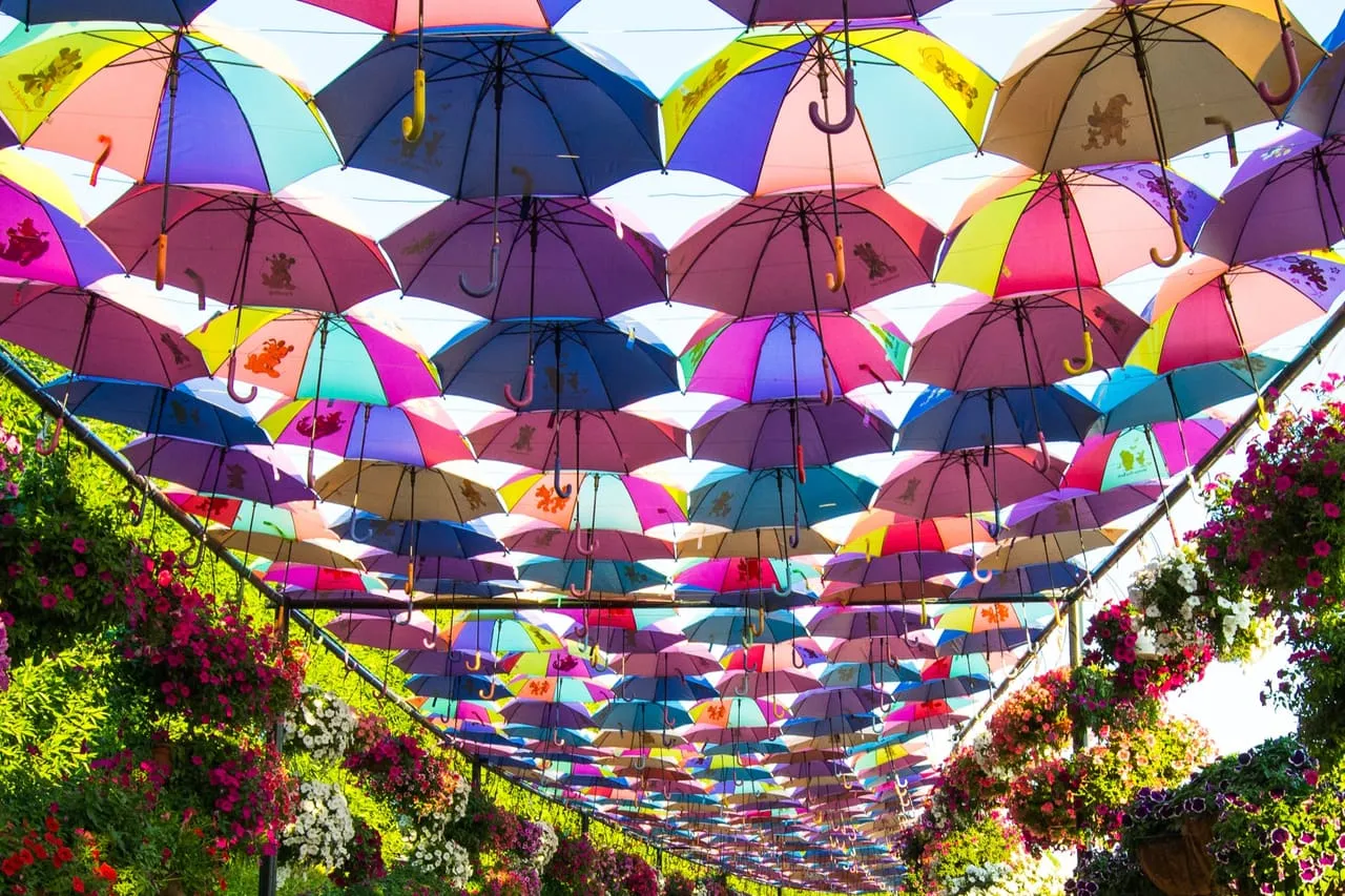 A path under rows of coloured umbrellas lined with hanging flowers at Dubai Miracle Garden