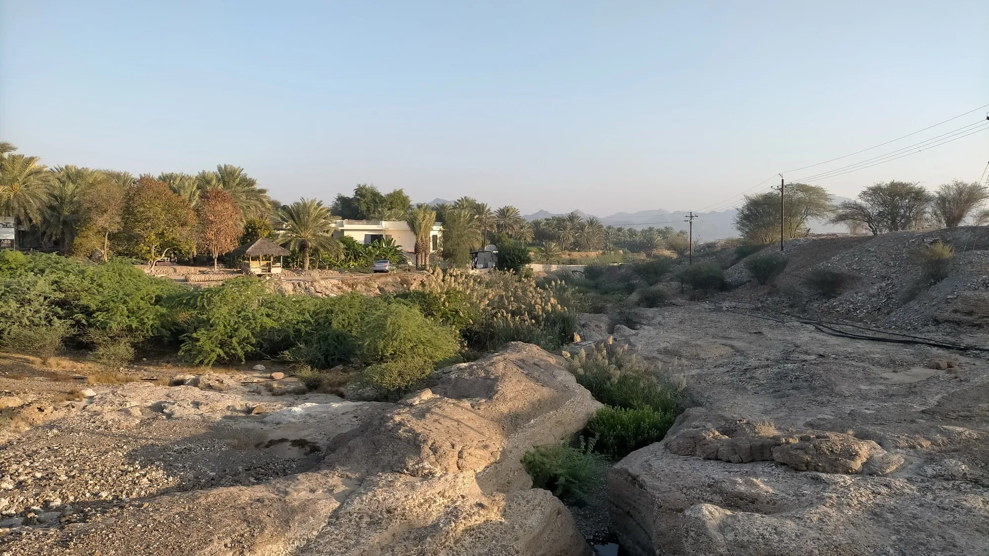 A dry wadi bed with palm groves and the Hajar mountains behind at Hatta, Dubai